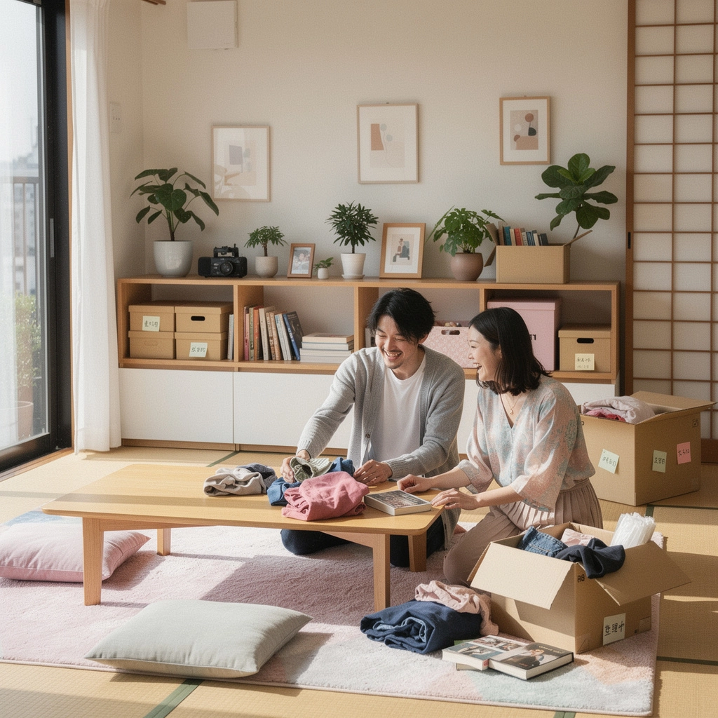 クローゼット内の季節ごとの衣類を整理した収納ケース。